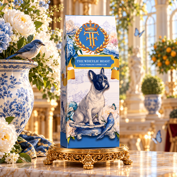 The Wheelie Roast coffee box, the Fickle Frenchie Coffee Club mission blend, on a gold pedestal beside blue and white peonies in a sunlit palace orangery.